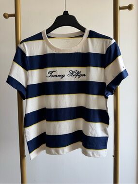 Tommy Hilfiger Navy, White & Yellow Striped Logo Tee
